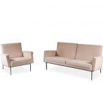 D 190801 (356) m23702 1960s Two-seater sofa + easy chair on chrome metal base with beige upholstery, Parallel Bar series Florence Knoll Knoll Int. / USA