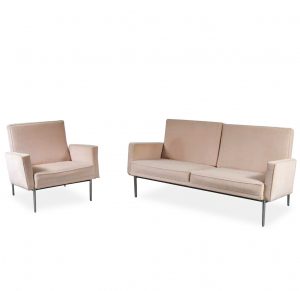 D 190801 (356) m23702 1960s Two-seater sofa + easy chair on chrome metal base with beige upholstery, Parallel Bar series Florence Knoll Knoll Int. / USA