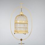 m23890 1950s Unique yellow metal bird cage on stand Italy