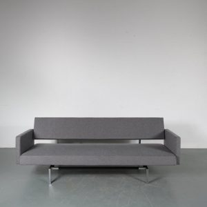 m23821 1960s 3-Seater sofa / sleeping bench on square chrome with black metal base with armrest, new dark grey Fleck Basalt upholstery Martin Visser Spectrum / Netherlands