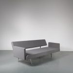 m23821 1960s 3-Seater sofa / sleeping bench on square chrome with black metal base with armrest, new dark grey Fleck Basalt upholstery Martin Visser Spectrum / Netherlands