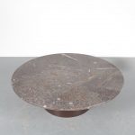 m23979 1970s Round coffee table with round metal base, stone top with fossil inlay Belgium