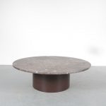 m23979 1970s Round coffee table with round metal base, stone top with fossil inlay Belgium
