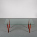 m23858 1950s Rectangular coffee table on wooden with brass legs and thick glass top style of Fontana Arte / Italy