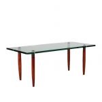m23858 1950s Rectangular coffee table on wooden with brass legs and thick glass top style of Fontana Arte / Italy