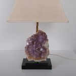 L4496 1970s Black with brass table lamp with huge amethyst and fabric hood