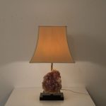 L4496 1970s Black with brass table lamp with huge amethyst and fabric hood