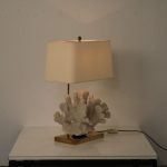 L4468 1970s Luxurious brass table lamp with large coral and fabric hood Belgium