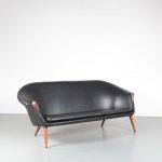 m24682 1950s Scandinavian 3-seater sofa on wooden legs with black faux leather upholstery attributed to Nanna Ditzel Denmark