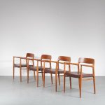 m24893 1960s teak extendable dining table with 4 arm chairs teak with brown leather upholstery model 56 möller Möller/ Denmark