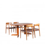2012 1 G (110) m24893 1960s teak extendable dining table with 4 arm chairs teak with brown leather upholstery model 56 möller Möller Denmark