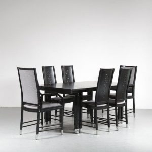 m24485-6 1980s Set of black wooden extendible dining table with ten chairs with chrome metal leg ends from the "Fine Forms" series by Ernst W. Beranek for Thonet, Austria