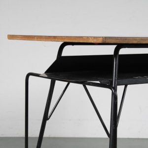 m25135-6 1950s Teachers desk on black metal base with black and grey formica top Willy vd Meeren Tubax / Belgium