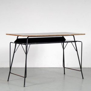 m25135-6 1950s Teachers desk on black metal base with black and grey formica top Willy vd Meeren Tubax / Belgium