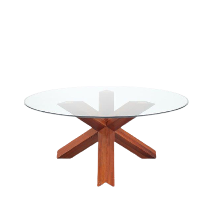 m25685 1970s "La Rotonda" dining table on walnut wooden base with glass top Mario Bellini Cassina, Italy