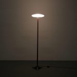L4891 1990s 1st Edition PAO floor lamp in cherry wood with milk glass foot and hood Matteo Thun Arteluce, Italy