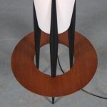 L4916 1950s Black with teak wooden floor lamp with fabric hood Jean Rispal France