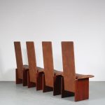 m26068 1980s Set of 4 dining chairs on wooden base with brown skai upholstery model "Kazuki" Kazuhide Takahama Gavina, Italy