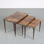 m26138 1950s Set of 3 nesting tables, parchment tops with wooden legs Aldo Tura Italy