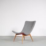 m24216 1959 Lounge chair with fiberglass base, new fabric upholstery and wooden feet (designed for Trienalle Milano) Miroslav Navratil Český Nábytek / Czech