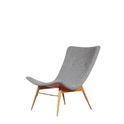 m24216 1959 Lounge chair with fiberglass base, new fabric upholstery and wooden feet (designed for Trienalle Milano) Miroslav Navratil Český Nábytek / Czech