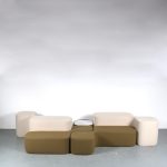 m25886 1970s Five elements modular landscape sofa with coffee table, with new upholstery in the style of Pierre Cardin Italy