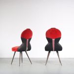 m25703 1950s Pair of buste shaped chairs, red velvet with black skai and brass legs France