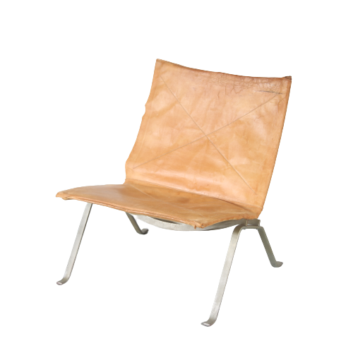 m26455 1960s PK22 Easy chair on chrome metal base with leather upholstery Poul Kjaerholm Kold Christensen, Denmark