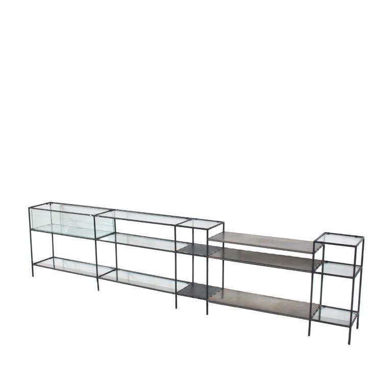 INC133 1950s Low cabinet in black metal with glass and metal shelves by Poul Cadovius for Abstracta, Denmark