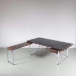 m26434 1960s L-Shaped desk on stainless steel base with wengé wood and black leather inlay top Jorgen Lund & Ole Larsen Bo-ex, Denmark