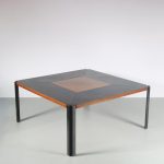 m26258 1970s "T210" Square dining table on cast iron legs with rosewood and leather inlay top Osvaldo Borsani Tecno, Italy