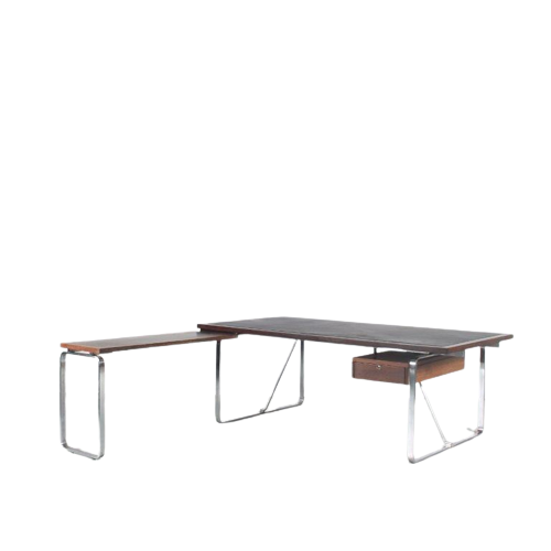 m26434 1960s L-Shaped desk on stainless steel base with wengé wood and black leather inlay top Jorgen Lund & Ole Larsen Bo-ex, Denmark