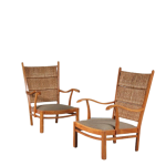 INC139 1950s Pair of oak easy chairs with rush upholstery by Bas van Pelt for MyHome, Netherlands