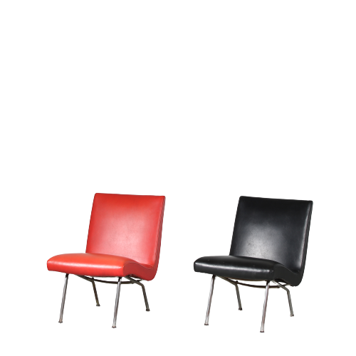 m26531 1947 Pair of rare "Vostra" chairs after Jens Risom's design, chrome metal base with black and red skai upholstery Walter Knoll Walter Knoll, Germany