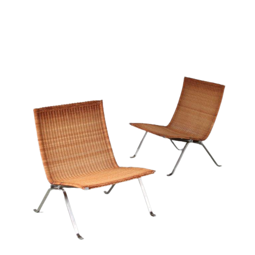 m26628 1950s Pair of PK22 chairs on chrome metal base with wicker upholstery Poul Kjaerholm Kold Christensen, Denmark