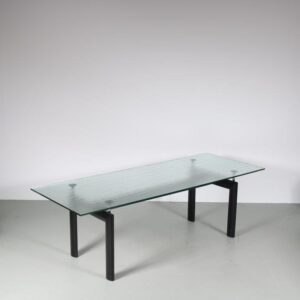 m26968 1980s Dining table LC6 on black metal base with blurred glass Le Corbusier Cassina, Italy