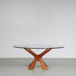 m27031 1960s Round coffee table on teak base with glass top, model T118 Illum Wikkelso Niels Eilersen, Denmark
