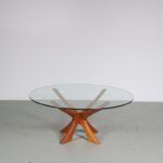m27031 1960s Round coffee table on teak base with glass top, model T118 Illum Wikkelso Niels Eilersen, Denmark