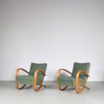 m27076 1950s Pair of H269 easy chairs in light wood with original green upholstery Jindrich Halabala Up Zadovy, Czech