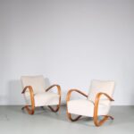 m26464 1930s Pair of easy chairs with light wooden frame and new velvet upholstery Jindrich Halabala Up Zavody, Czech
