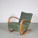 m27076 1950s Pair of H269 easy chairs in light wood with original green upholstery Jindrich Halabala Up Zadovy, Czech