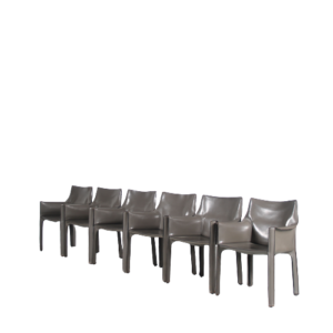 m27111 1980s Set of 6 moss gray leather Cab 413 dining chairs Mario Bellini Cassina, Italy
