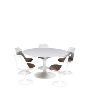 m27258 1970s Tulip Dining set on white aluminium base, table with white laminated top + 5 chairs Eero Saarinen Knoll International, USA