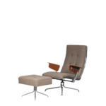 m27259 1960s Exceptional lounge chair with hocker, chrome metal swivel base with gray fabric upholstery and rosewood plywooden arms Switzerland
