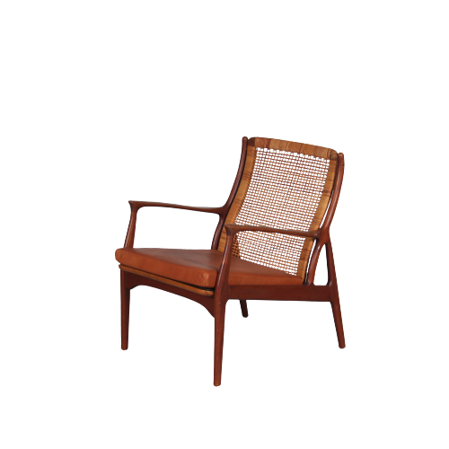 m26963 1950s Organic shaped teak easy chair with woven rattan back and new upholstered cushion / Erik Andsersen / Palle Pedersen, Denmark