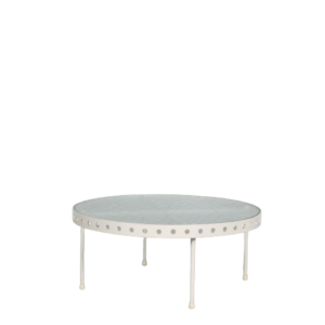 m27291 1950s Round white metal coffee table with blurred glass top Janni van Pelt MyHome, Netherlands