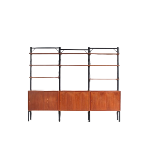 m27298 1960s 3-Unit wide free standing system cabinet, black metal with teak wood Poul Cadovius Royal System, Denmark