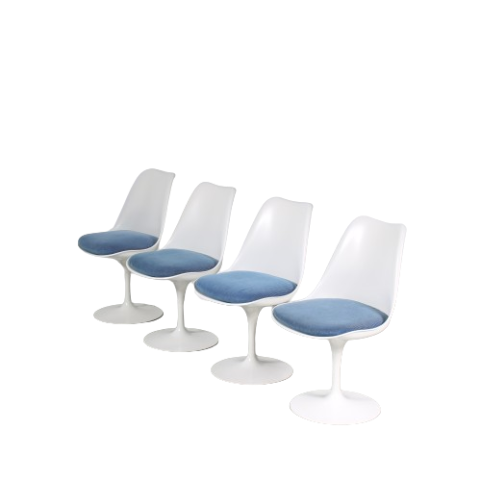 m26738 1960s Set of 4 Tulip chairs with blue fabric cushions, signed Eero Saarinen Knoll International, USA