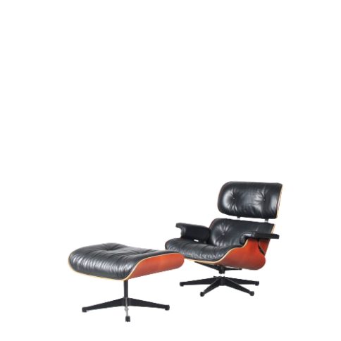 m27396 1970s Lounge chair with ottoman in cherry wood with black leather Charles & Ray Eames Vitra, Germany