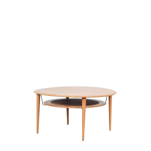 m27416 1960s Round teak wooden coffee table with wicker magazine shelf / Peter Hvidt / France & Son, Denmark